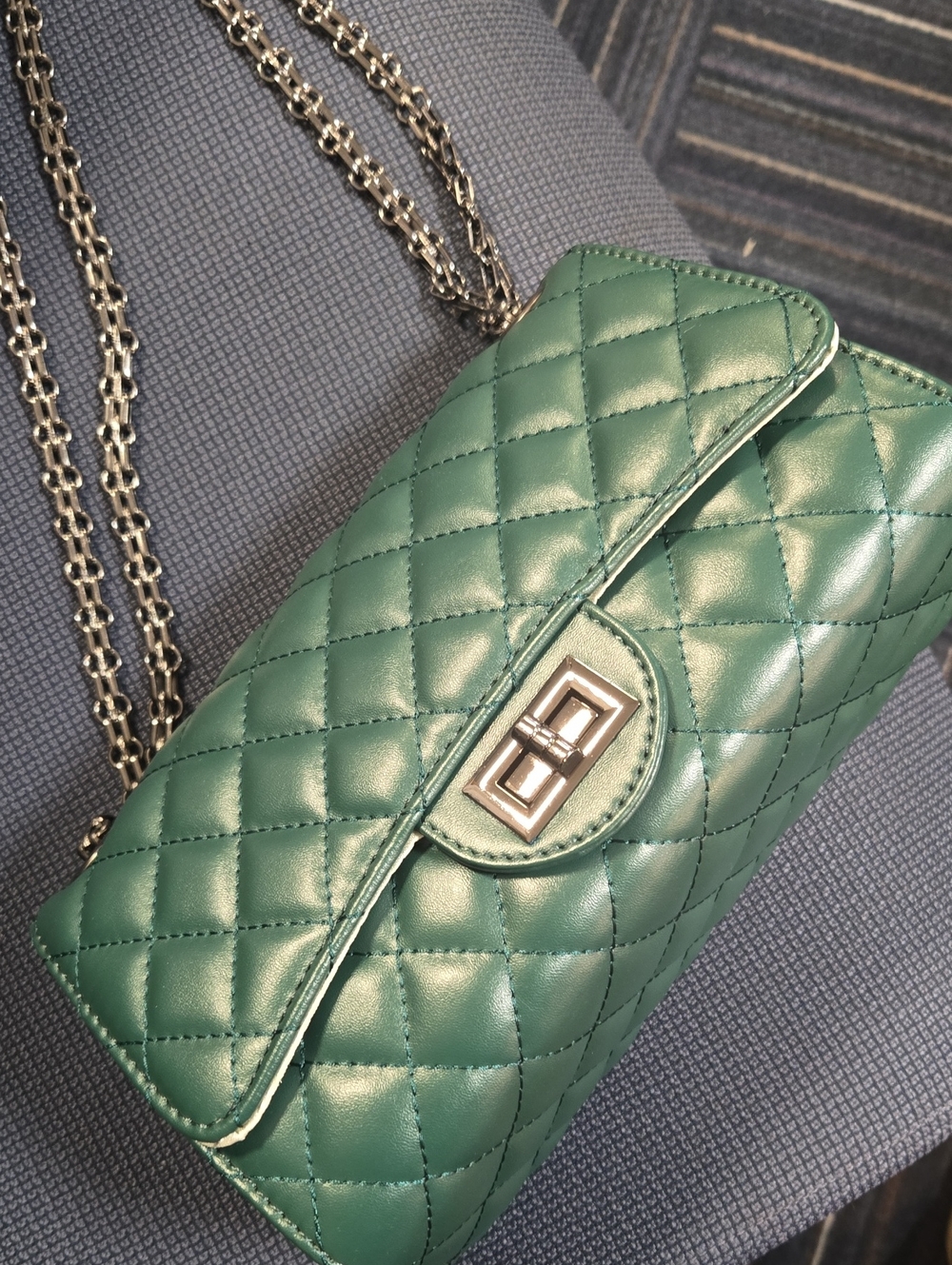 Quilted Dark Green Shoulder Bag with A Heavy Gun Metal Chain and Turn Lock